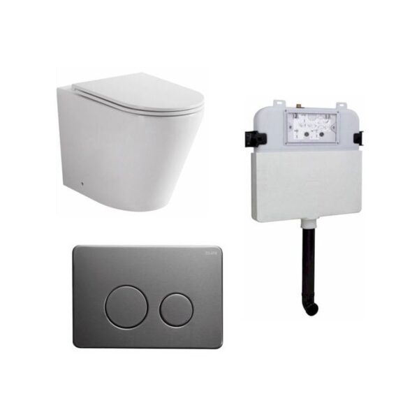 Java Rimless Floor Pan with ROUND Gun Metal Stainless Steel Flush Button
