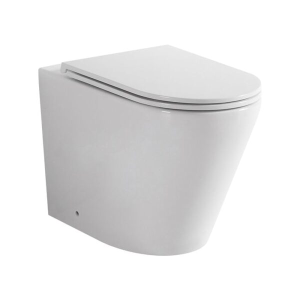 Java Rimless Floor Pan with SQUARE Brushed Nickel Stainless Steel Flush Button