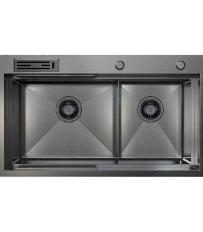 820mm Gun Metal Belle Luxe 1.0 Double Bowl Workstation Kitchen Sink - Slide Lip - Nano Coated 3mm Thick Stainless Steel Panel - Anti-Scratch | HG-953425-2668