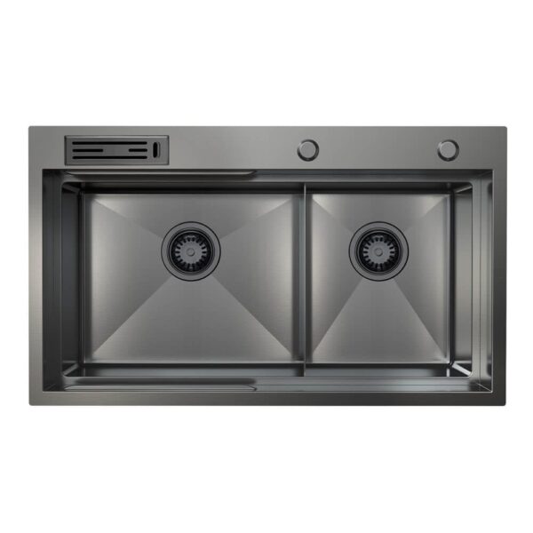 820mm Gun Metal Belle Luxe 1.0 Double Bowl Workstation Kitchen Sink - Slide Lip - Nano Coated 3mm Thick Stainless Steel Panel - Anti-Scratch | HG-953425-2668