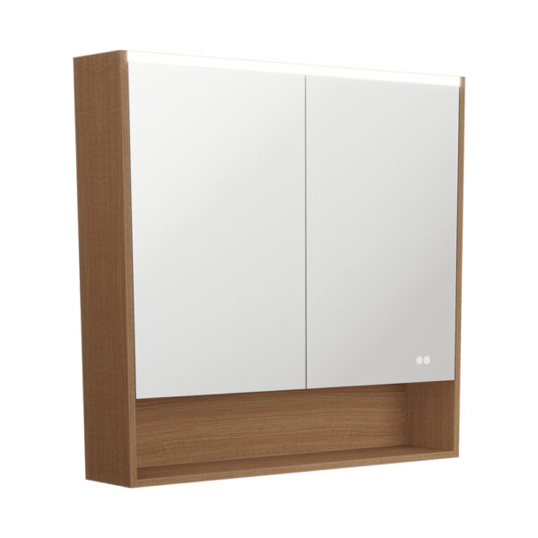 900 LED Mirror Cabinet with Display Shelf, Walnut