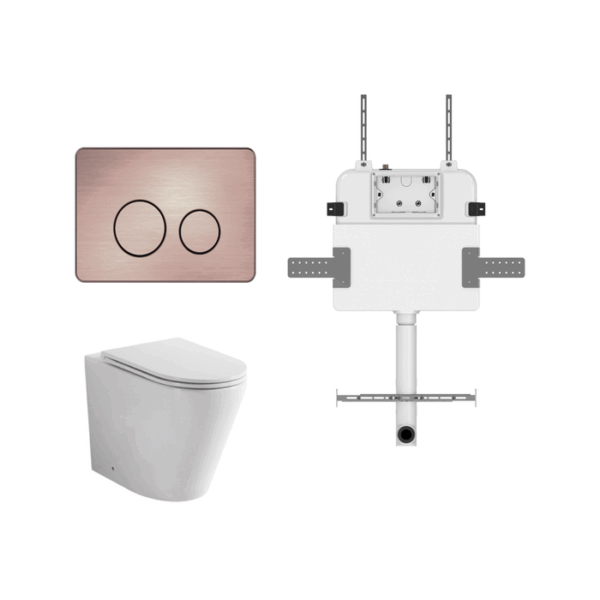 Java Rimless Floor Pan with ROUND Brushed Bronze Stainless Steel Flush Button