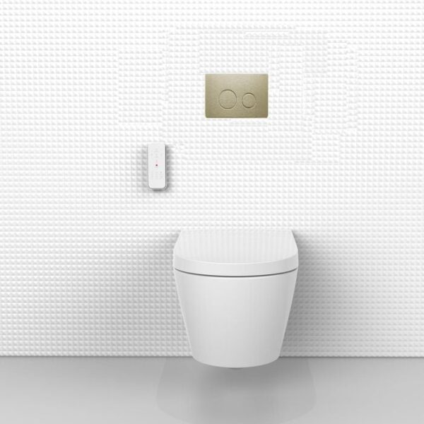 Java Rimless Floor Pan with SQUARE Brushed Gold Stainless Steel Flush Button