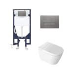 Novus Wall Hung Smart Toilet With Square Brushed Gold Stainless Steel Flush Plate