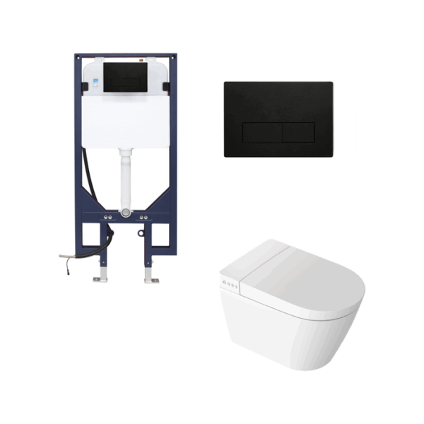 Novus Wall Hung Smart Toilet With Round Gun Metal Stainless Steel Flush Plate