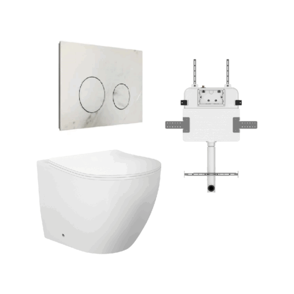 Venus Rimless Floor Pan with ROUND Marble White Porcelain Flush Plate