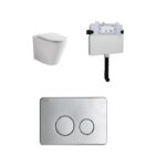 Java Rimless Floor Pan with ROUND Satin Chrome Stainless Steel Flush Button