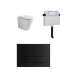 Java Rimless Floor Pan with SQUARE Matte Black Stainless Steel Flush Button