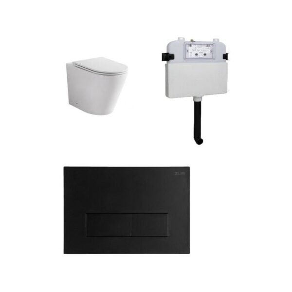 Java Rimless Floor Pan with SQUARE Matte Black Stainless Steel Flush Button