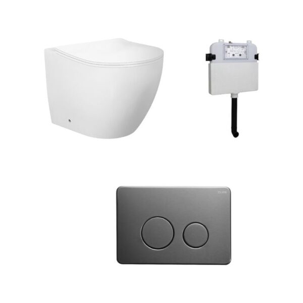 Venus Rimless Floor Pan with ROUND Gun Metal Stainlless Steel Flush Plate