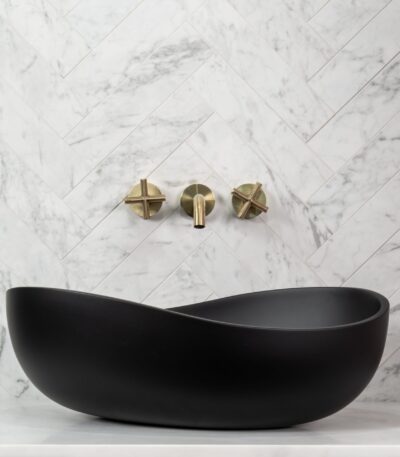 Above Counter Artificial Stone - Matt Black - Wave Oval - 600mm | CSB821-MB