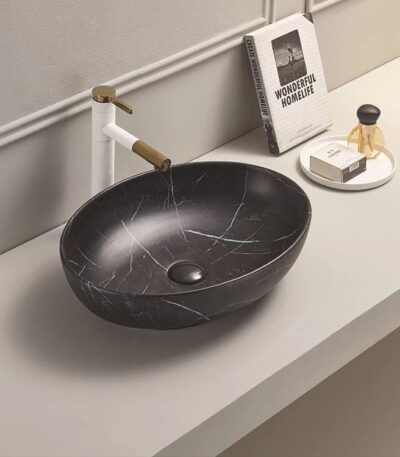 Above Counter Ceramic Basin - Marble - Matt Black - Oval - 520mm | PA5239MBM