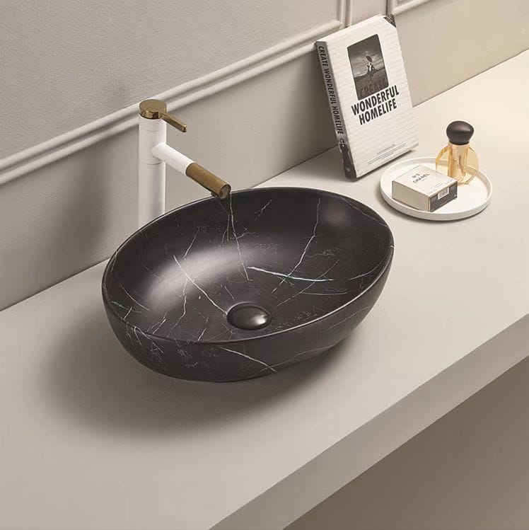 Above Counter Ceramic Basin - Marble - Matt Black - Oval - 520mm | PA5239MBM