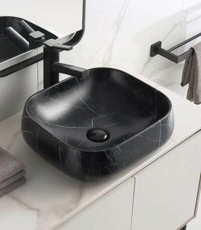 Above Counter Ceramic Basin - Marble - Matt Black - Rectangle - 450mm | PA4540MBM