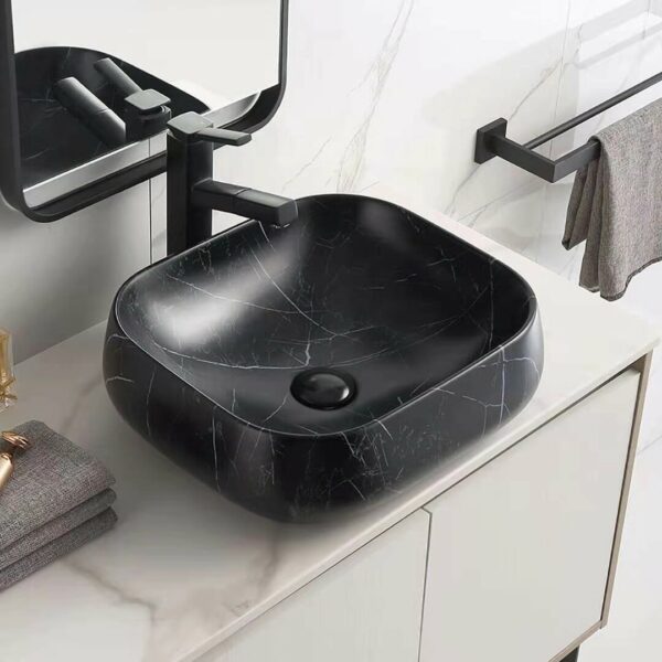 Above Counter Ceramic Basin - Marble - Matt Black - Rectangle - 450mm | PA4540MBM