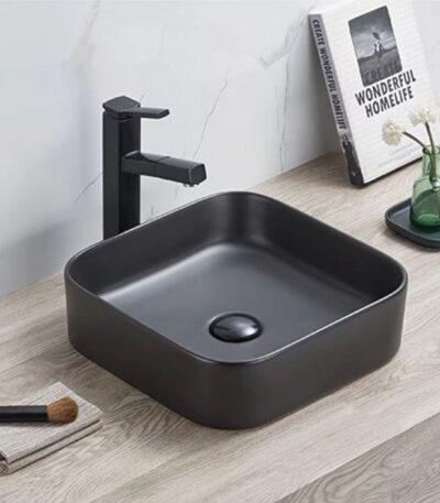 Above Counter Ceramic Basin - Matt Black - Square - 370mm | PA3711MB