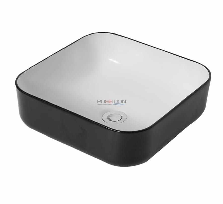 Above Counter Ceramic Basin - Matt Black/White - Square - 400mm | PA3838MBW