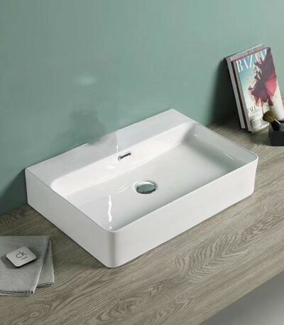 Above Counter/Wall Hung Ceramic Basin - Overflow - No Tap Hole - Gloss White - Rectangle - 600mm | PW6042NTH