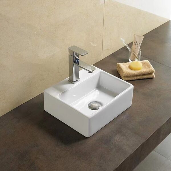 Above Counter/Wall Hung Ceramic Basin - Overflow - Tap Hole - Gloss White - Rectangle - 330mm | PW3329