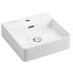 Above Counter/Wall Hung Ceramic Basin - Overflow - Tap Hole - Gloss White - Square - 420mm | PW4242