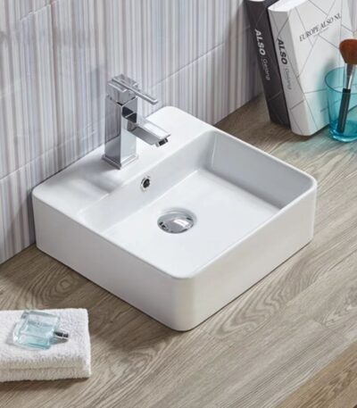Above Counter/Wall Hung Ceramic Basin - Overflow - Tap Hole - Gloss White - Square - 380mm | PW3838