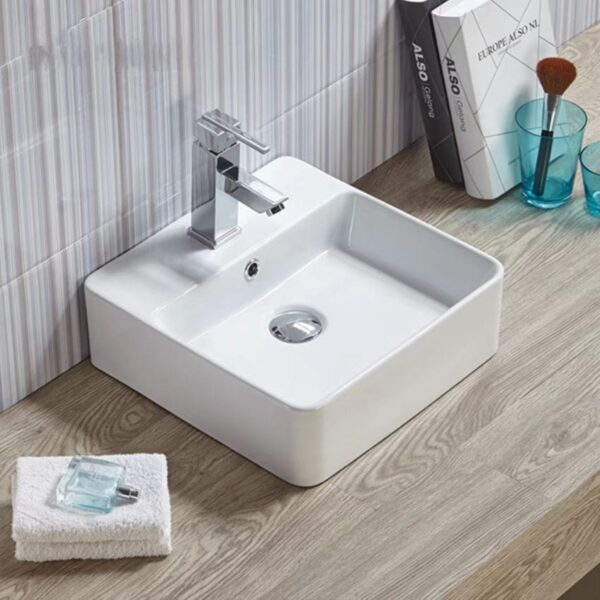 Above Counter/Wall Hung Ceramic Basin - Overflow - Tap Hole - Gloss White - Square - 380mm | PW3838