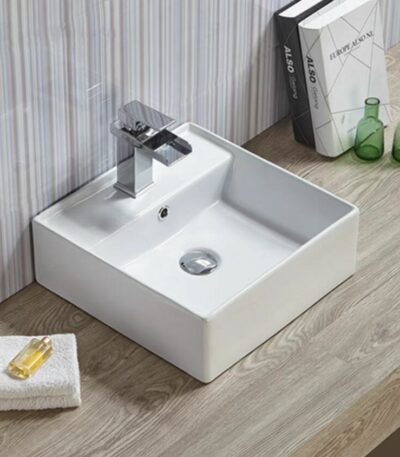 Above Counter/Wall Hung Ceramic Basin - Overflow - Tap Hole - Gloss White - Square - 410mm | PW4141