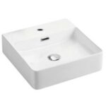 Above Counter/Wall Hung Ceramic Basin - Overflow - Tap Hole - Gloss White - Square - 420mm | PW4242