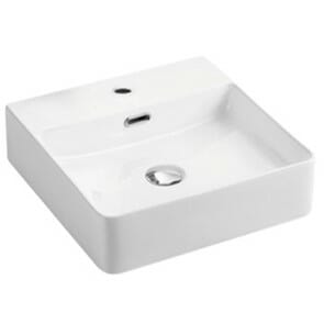 Above Counter/Wall Hung Ceramic Basin - Overflow - Tap Hole - Gloss White - Square - 420mm | PW4242