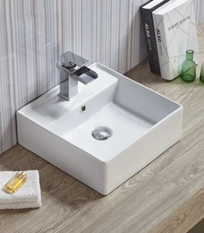 Above Counter/Wall Hung Ceramic Basin - Overflow - Tap Hole - Gloss White - Square - 460mm | PW4646
