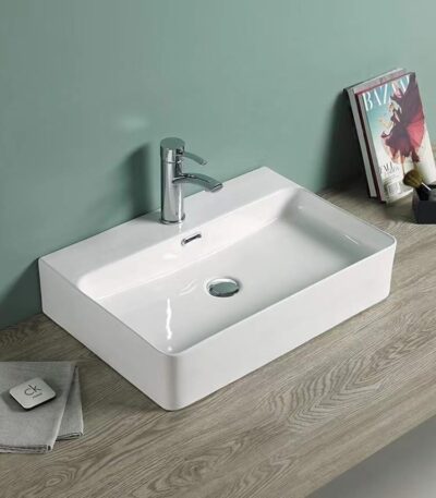 Above Counter/Wall Hung Ceramic Basin - Overflow - Tap Hole - Gloss White - Rectangle - 600mm | PW6042