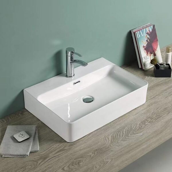 Above Counter/Wall Hung Ceramic Basin - Overflow - Tap Hole - Gloss White - Rectangle - 600mm | PW6042