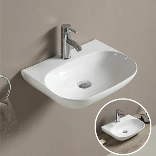 Above Counter/Wall Hung Ceramic Basin - Tap Hole - Gloss White - Rectangle - 500mm | PW5038
