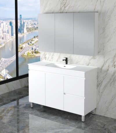 ABS RIVA FS1200-GW LESS FREESTANDING VANITY 1200MM SINGLE BOWL LEFT/RIGHT HAND DRAWERS GLOSS WHITE - Urban Designs Bathroom and Kitchen