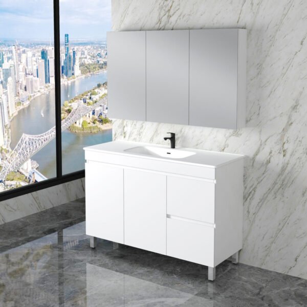 ABS RIVA FS1200-GW LESS FREESTANDING VANITY 1200MM SINGLE BOWL LEFT/RIGHT HAND DRAWERS GLOSS WHITE - Urban Designs Bathroom and Kitchen