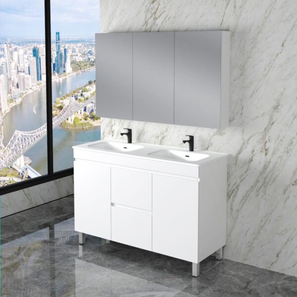 ABS RIVA FS1200M-GW LESS FREESTANDING VANITY 1200MM DOUBLE BOWL GLOSS WHITE - Urban Designs Bathroom and Kitchen