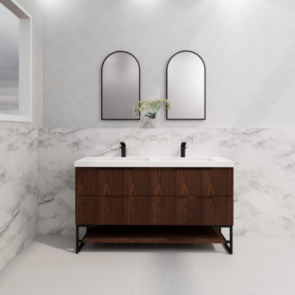 ABS RIVA FS1500D-BR BALI FLUTED FREESTANDING VANITY 1500MM DOUBLE BOWL BROWN OAK - Urban Designs Bathroom and Kitchen