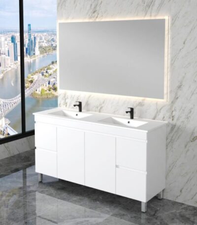 ABS RIVA FS1500M-GW LESS FREESTANDING VANITY 1500MM SINGLE/DOUBLE BOWL GLOSS WHITE - Urban Designs Bathroom and Kitchen
