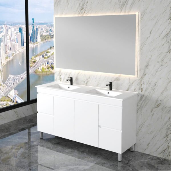 ABS RIVA FS1500M-GW LESS FREESTANDING VANITY 1500MM SINGLE/DOUBLE BOWL GLOSS WHITE - Urban Designs Bathroom and Kitchen
