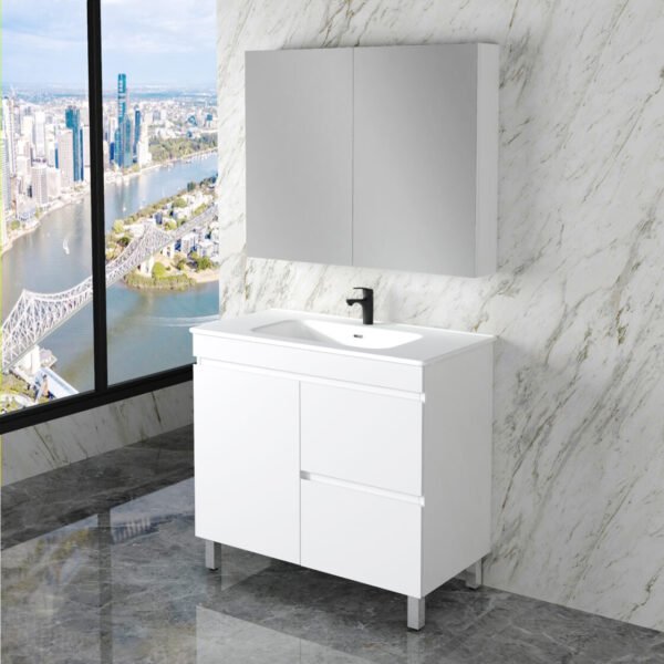 ABS RIVA FS900-GW LESS FREESTANDING VANITY 900MM LEFT/RIGHT HAND DRAWERS GLOSS WHITE - Urban Designs Bathroom and Kitchen