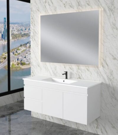 ABS RIVA WH1200-GW LESS WALL HUNG VANITY 1200MM SINGLE BOWL LEFT/RIGHT HAND DRAWERS GLOSS WHITE - Urban Designs Bathroom and Kitchen
