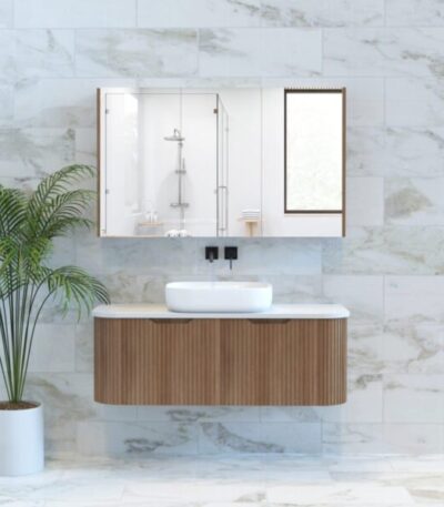 ABS RIVA WH1200-ST BERGEN CURVE FLUTED WALL HUNG VANITY 1200MM SINGLE BOWL SOLID TIMBER FINISH - Urban Designs Bathroom and Kitchen