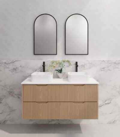 ABS RIVA WH1200D-AO BALI FLUTED WALL HUNG VANITY 1200MM DOUBLE BOWL AMERICAN OAK - Urban Designs Bathroom and Kitchen