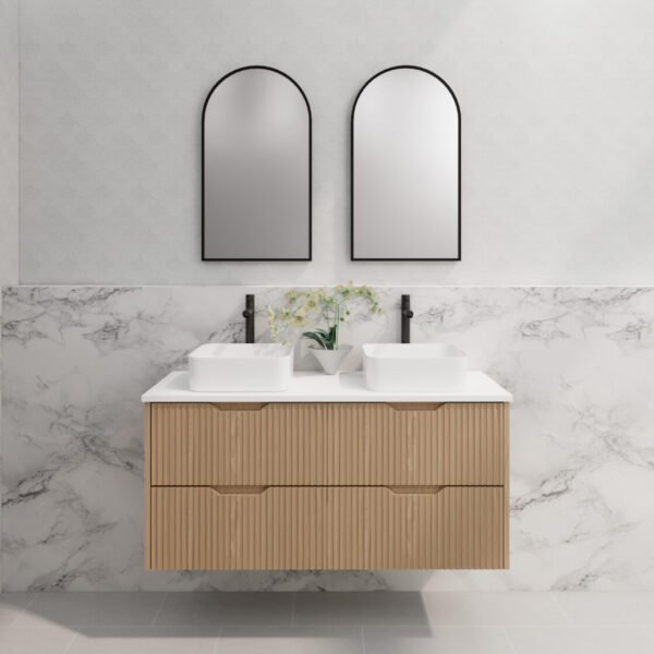 ABS RIVA WH1200D-AO BALI FLUTED WALL HUNG VANITY 1200MM DOUBLE BOWL AMERICAN OAK - Urban Designs Bathroom and Kitchen