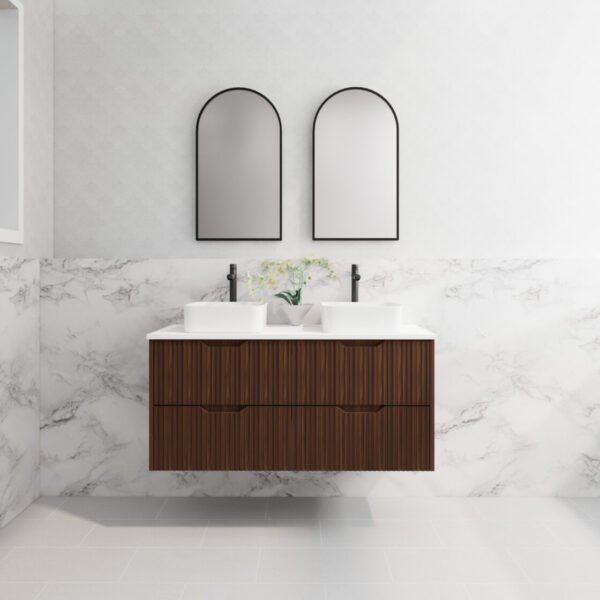 ABS RIVA WH1200D-BR BALI FLUTED WALL HUNG VANITY 1200MM DOUBLE BOWL BROWN OAK - Urban Designs Bathroom and Kitchen