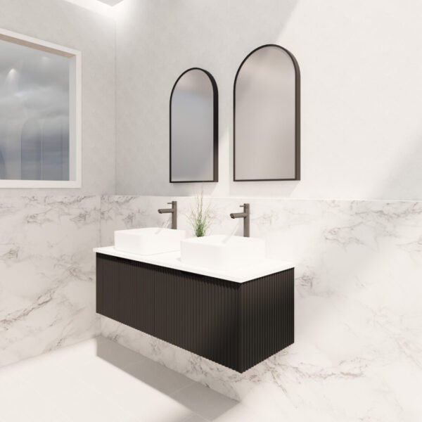 ABS RIVA WH1200D-MB VIENNA FLUTED WALL HUNG VANITY 1200MM DOUBLE BOWL MATTE BLACK - Urban Designs Bathroom and Kitchen