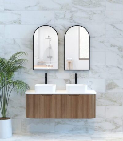 ABS RIVA WH1200D-ST BERGEN CURVE FLUTED WALL HUNG VANITY 1200MM DOUBLE BOWL SOLID TIMBER FINISH - Urban Designs Bathroom and Kitchen