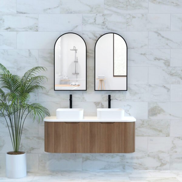 ABS RIVA WH1200D-ST BERGEN CURVE FLUTED WALL HUNG VANITY 1200MM DOUBLE BOWL SOLID TIMBER FINISH - Urban Designs Bathroom and Kitchen