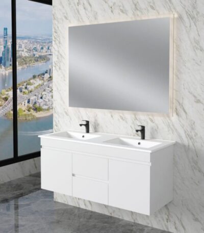 ABS RIVA WH1200M-GW LESS WALL HUNG VANITY 1200MM DOUBLE BOWL GLOSS WHITE - Urban Designs Bathroom and Kitchen