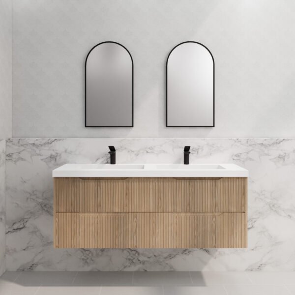 ABS RIVA WH1500D-AO BALI FLUTED WALL HUNG VANITY 1500MM DOUBLE BOWL AMERICAN OAK - Urban Designs Bathroom and Kitchen
